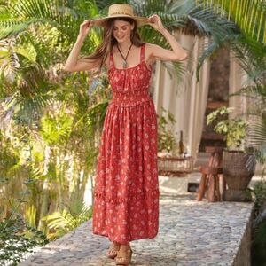 Sundance Size S Small Artful Ari Maxi Dress Orange Floral Swiss Dot Sleeveless